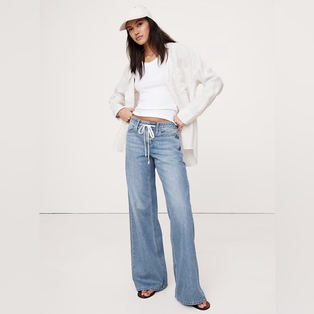 Banana Republic Jeans Womens 31 Blue Slouch Straight Wide Leg Elastic Waist